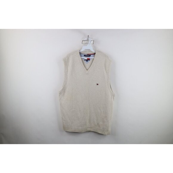 Vintage 90s Tommy Hilfiger Mens XL Heavyweight Cotton Knit Sweater Vest Beige - Picture 1 of 14
